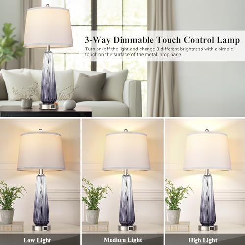 Glass Table Lamps Set of 2, Modern Bedside Lamps for Bedrooms with USB A+C Ports, 3-Way Dimmable Touch Control Nightstand Lamp with White Linen Shade, 27.5" Large Lamps for Living Room Decor, Grey - Image 2