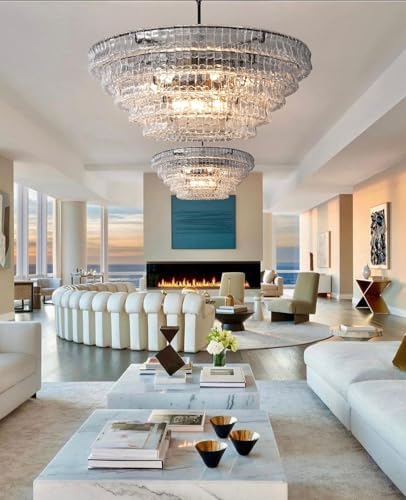 YIOSI 47 Inch Round Chandelier Clear Glass, Extra Large Drum Pendant Light for Dining Room, Modern Crystal Glass Ceiling Fixture Perfect for Living Room, Foyer - Image 6