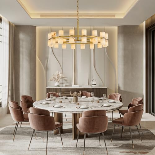 Alabaster Round Chandelier, Natural Spanish Stone Texture Chandeliers, D31in Round Chandeliers for Dining Room Chandelier Light Fixture for Kitchen Living Room Foyer Entryway Hallway (Brass) - Image 4