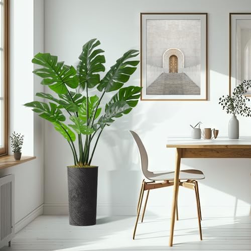 Artificial Tree in Geometric Spiral Pattern Planter, Fake Monstera Silk Tree for Indoor and Outdoor Home Decoration - 65" Overall Tall (Plant Pot Plus Tree) - Image 6