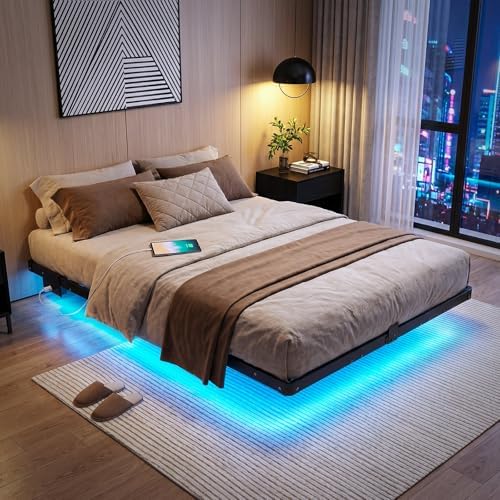 Liians Full Floating Bed Frame with Smart LED Lights, USB Charging Station by LIIANS