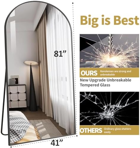 DMWOODFL 81"x41" Black Arched Full Length Mirror - Extra Large Floor/Wall Mounted, Shatterproof Glass & Aluminum Frame with Stand for Bedroom, Living Room, Entryway - Image 2