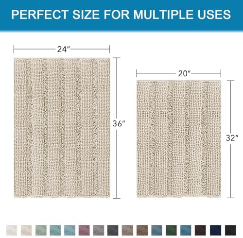 H.VERSAILTEX Bathroom Rug Sets 2 Piece Bath Mats Non Slip Thick Soft Chenille Striped Bath Rug achine Washable Shower Floor Rugs for Tub, Shower and Floor (Fog, 20" x 32"/24" x 36") - Image 2