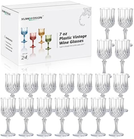XUWAIDSGN 24 Pcs 7oz Plastic Vintage Wine Glasses Drinking Glasses Unbreakable Wedding Glassware Crystal Water Goblets Reusable Drinkware Vintage Champagne Flutes (24, Clear) by XUWAIDSGN