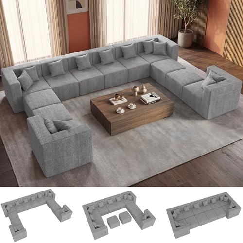 MONVANE Modular Sectional Sofa, Oversized 12 Seat Convertible U Shaped Couch with Ottoman, Comfy Chenille Cloud Couch with Pillow, Sectional Couches for Living Room, No Assembly Required, Light Grey by MONVANE