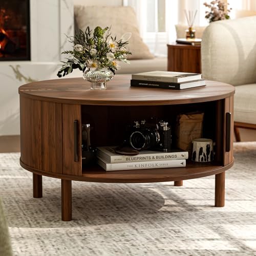 ZttRiee Round Coffee Table with Sliding Doors, Mid-Century, Walnut - Image 3