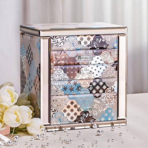 High End Glass Jewelry Box for Women, 5 Layer, Geometric Floral by Homruilink