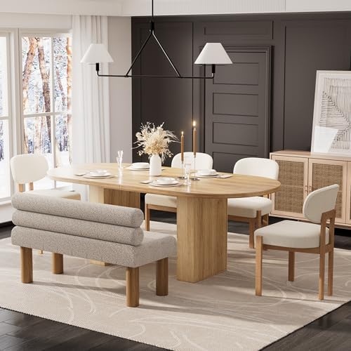 6-Piece Mid-Century Oval Dining Table Set with Bench, 63" Oak Table with Fluted Double Pedestal Base + Beige Fabric Upholstered Chairs & Gray Boucle Bench for Small Dining Nook by HAIZAO