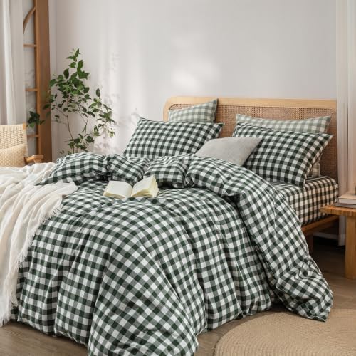 BESTOUCH Gingham Cotton Duvet Cover Set Green California King - Image 6
