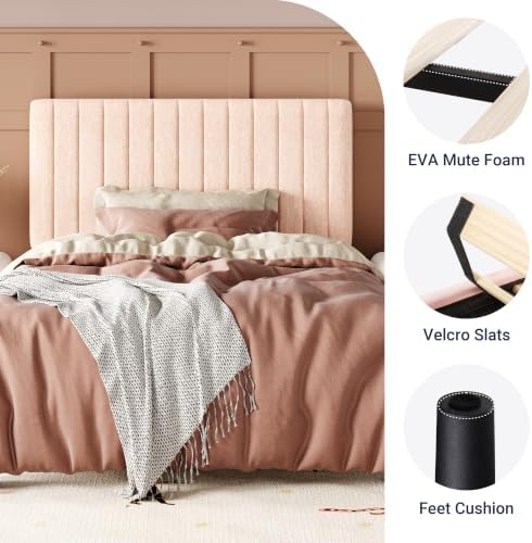 Allewie Twin Bed Frame, Upholstered Platform Bed with Adjustable Vertical Channel Tufted Headboard, Mattress Foundation with Strong Wooden Slats, Box Spring Optional, Easy Assembly, Chenille Pink - Image 7