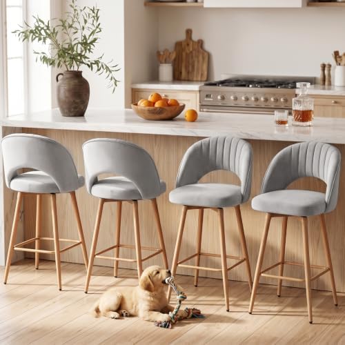 Swivel Bar Stools Set of 4, Counter Height Barstools for Kitchen Island, 26" Seat Height Bar Chairs for Dining Room, Velvet Upholstered Bar Stool with Back and Footrest, Gray by KRAMZMINGQualityHome