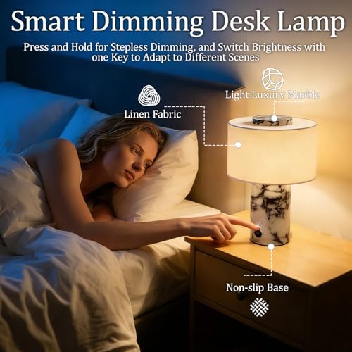 Cordless Marble Table Lamp with USB Port Rechargeable Battery Operated,Bedroom Nightstand Stone Base Touch Dimmable Night Light End Linen Lamp Shades for Side Contemporary Coastal Living Room - Image 5
