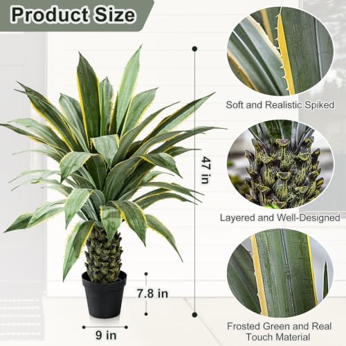Artificial Agave Plant Potted Plants for Indoor Outdoor Fake Agave Tree in Pot Realistic Faux Tree with 42 Leaves for Home Living Room Office Garden Front Porch Patio Decor (51inch-1 Pc Potted Yellow) - Image 2