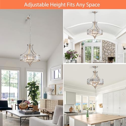 Crystal Chandeliers for Dining Room Rustic Farmhouse Pendant Round 4-Light Brushed Nickel Lighting Fixture for Dining Room Kitchen Island Hallway Bedroom Home Office - Image 6