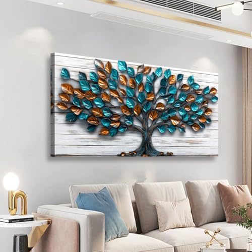 Tree Nature Wall Art Bedroom Abstract Wall Decor Living Room,Tree of Life Canvas Wall Art Office Farmhouse Paintings Artwork Modern Teal Golden Leaves Wall Art Prints Pictures 20 * 40inch - Image 2