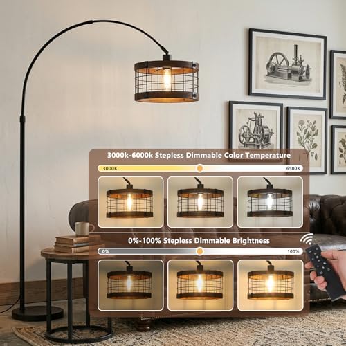 Arc Floor Lamps for Living Room with Remote and Dimmable LED Bulb, Vintage Wood Floor Lamp for Bedroom, Farmhouse Standing Lamp for Corner, Industrial Black Tall Lamp, Over Couch Arched Reading Light - Image 2