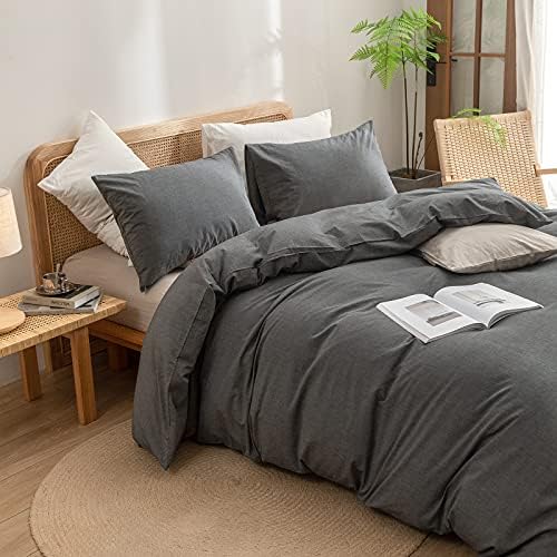 BESTOUCH Cotton Solid Duvet Cover Set Linen Feel Dark Grey Super Queen - Image 2