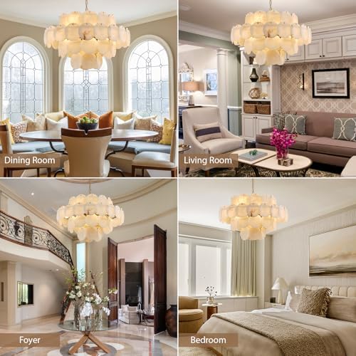 D31.5 Round Alabaster Chandelier, 4-Tier Brass Marble High Ceiling Chandeliers, 12-Light Modern Dimmable Pendant Light for Living Room Dining Room Bedroom Foyer Hallway Kitchen (Include Bulbs) - Image 3