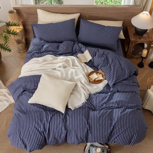 MooMee Striped Duvet Cover Set 100% Washed Cotton Linen Like King - Image 4