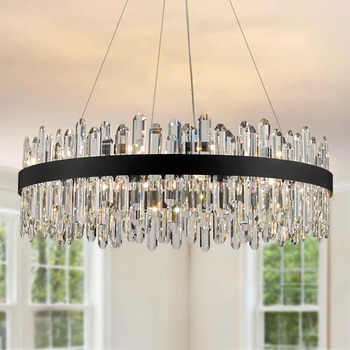 Black Modern Oval Crystal Chandelier, 24-Lights Luxury Chandeliers 2-Tiers K9 Crystal Chandelier Pendant, Light Fixture G9 Lights for Dining Living Room Entryway Kitchen Dia 30 inch by LIZZTREE