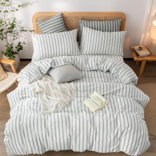 BESTOUCH Striped Cotton Duvet Cover Set Linen Feel King - Image 3