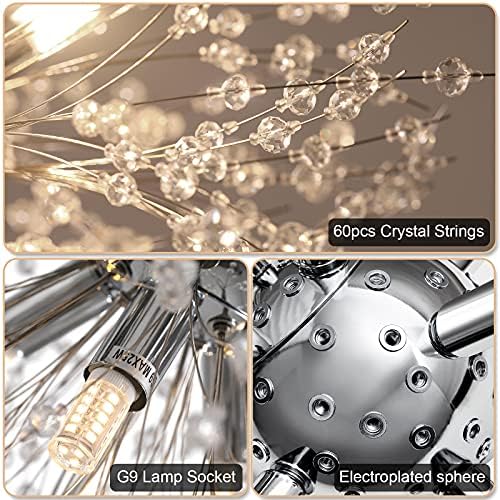 Lingkai 19.9" Chrome Modern Crystal Chandeliers Firework, Bubble Chandelier Lighting for Bathroom Dining Room Bedroom Kitchen Island Living Room Light Fixture, 9-Light Chrome Hanging Round Chandalier - Image 3