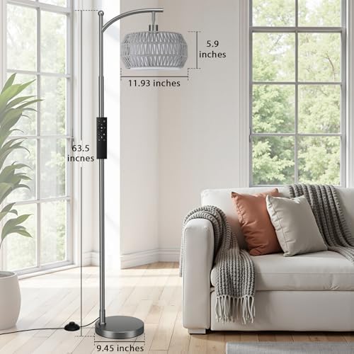 Ambimall Arc Floor Lamp with Remote & Rattan Double Shades, Gray Bohemian - Image 5