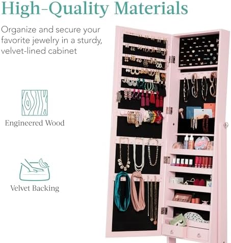 Best Choice Products Freestanding Jewelry Armoire Cabinet, Full Length Standing Mirror, Lockable Makeup Storage Organizer, w/Velvet Lining, 3 Angles, Lock, Accessory Pouch, 5 Shelves - Dusty Pink - Image 5
