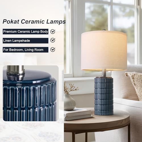 PoKat 20.75" Small Blue Table Lamps, Farmhouse Bedside Lamps for Bedroom Set of 2, Ceramic End Table Lamps for Night Stands Living Room, Modern Nightstand Desk Lamps, Dark Blue - Image 6