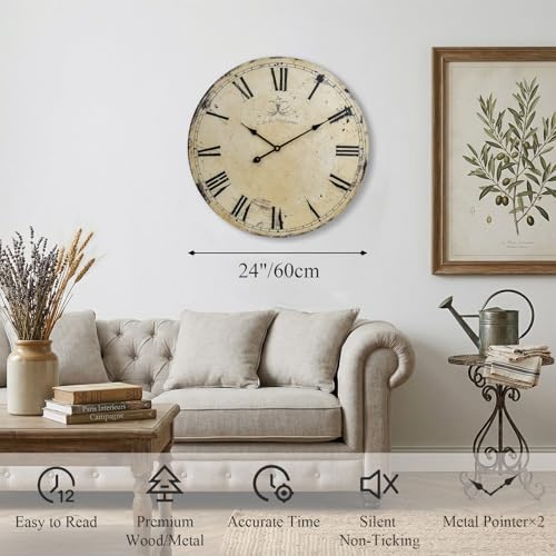 24 Inch Vintage Yellow Wall Clock, Farmhouse Silent Non-Ticking Battery Operated Wall Clocks, Large Roman Numeral Dial Decorative Round Wall Clock for Living Room, Kitchen, Office - Image 2