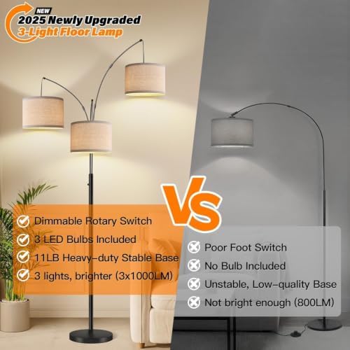Dimmable 3 Lights Floor Lamp - 3000LM Super Bright Arc Floor Lamps for Living Room, Modern Tall Standing Lamp With Beige Shades, Mid Century Tree Floor Lamp for Bedroom Office, 3 LED Bulbs Included - Image 6