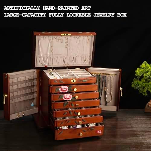 Hand-Painted Solid Wood Jewelry Box for Women, Large Vintage Organizer - Image 2