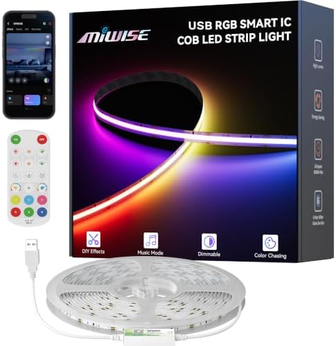 MIWISE 5V USB COB LED Strip Lights,RGB Smart IC LED Strip with App Control,Bluetooth Addressable Music Sync Color Changing Strip Lights,3M Back-Adhesive for Gaming Room PC Home Decor 6.56ft by MIWISE