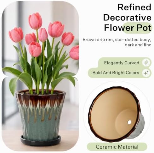 8.3 Inch Ceramic Planters with Drainage Hole and Saucer,Indoor Outdoor Large Flower Pots, Garden Pot for Plant Lovers (Drip Blue) - Image 3