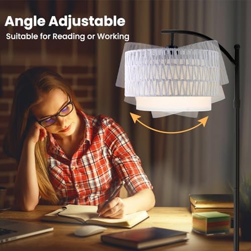 Yusist Arc Floor Lamp for Living Room,Farmhouse Floor Lamps with Remote Control & Dimmable Bulb,White Rattan Boho Tall Standing Lamp for Bedroom Office - Image 4