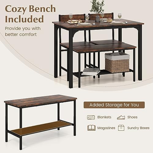COSTWAY Dining Table Set for 4 w/Bench & 2 Chairs, Storage Racks, Coffee - Image 3