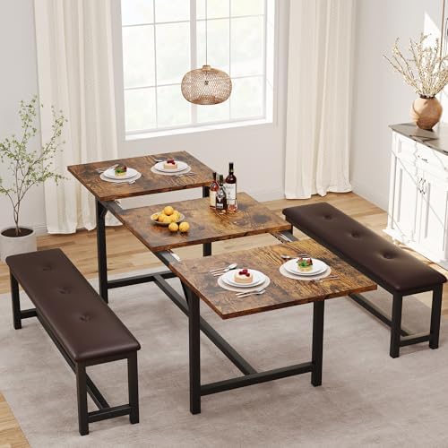 IDEALHOUSE 3 Piece Dining Table Set for 4-6, 63" Extendable Thick Metal Frame Kitchen Table with 2 Upholstered Benches Set for 6, Rectangle Wooden Dinette Table Set for Dining, Apartment, Retro Brown - Image 2