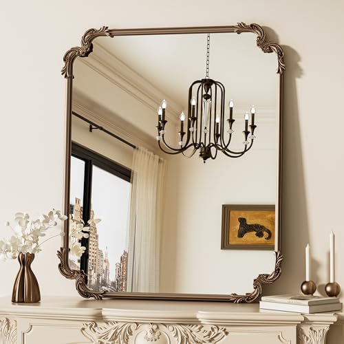 TETOTE Antique Gold Brass Rectangle Mirror for Mantle Fireplace 30 x 36 Baroque Vintage Ornate Scroll Wall Mirror with Metal Frame for Traditional Victorian French Decor, Horizontal/Vertical by TETOTE