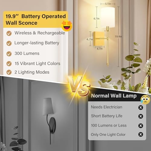 19.9 Inch Wall Sconces Battery Operated Set of 2, Gold Rechargeable Wireless Wall Sconces Lights with Remote, Not Hardwired Dimmable Wall Lamps with White Fabric Shade for Bedroom, 2 Bulbs Included - Image 3