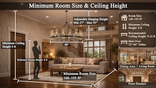 48 Inch Black Wagon Wheel Chandelier with Glass Shade, 16 Lights, Modern Farmhouse Style, Ideal for Dining Room, Kitchen, Entryways - Image 2
