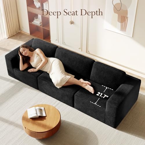 Vesgantti 119" Modular Sectional Sofa, Corduroy Cloud Couch with Deep Seating & Spring Support, 3 Seater Flexible Layout Sofa, Boneless Couch for Living Room & Apartment, No Assembly Required, Black - Image 5