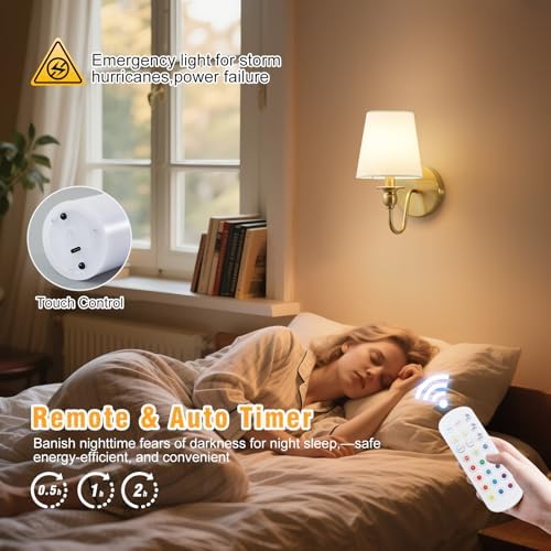 Battery Operated Wall Sconces set of Two,Wireless Wall Sconces with 10000mAh Dimmable Bulb and Remote,LED 15 Colors Rechargeable Gold Wall Sconce with Fabric for Bedroom Living Room Hallway Wall Decor - Image 6