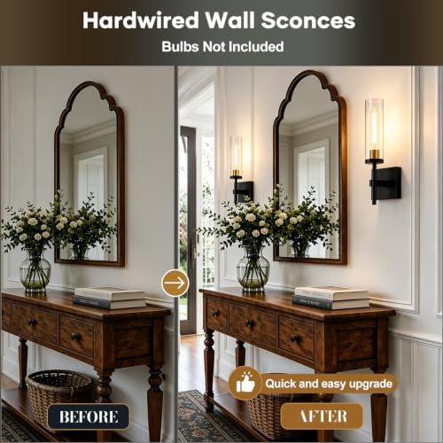 Hardwired Wall Sconces, Black and Gold Bathroom Sconces Wall Lighting with Clear Glass, Modern Sconces Wall Decor Set of 2 Bathroom Light fixtures for Mirror Hallway - Image 4