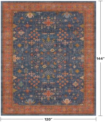Boho Navy Blue 10x12 Area Rug for Living Room, Extra Large Dining Room Rugs for Under Table, Soft Low Pile Carpet for Bedroom - Vintage Floral Rug, Non-Slip, Lightweight & Stain Resistance - Image 2