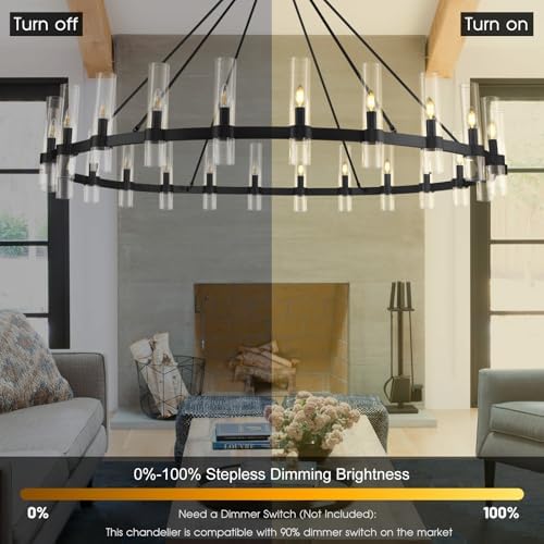 Black Wagon Wheel Chandelier, 70 Inch Glass Chandeliers, 24 Light Chandelier for High Ceiling, Modern Farmhouse Chandeliers for Living Room, Dining Room, Entryway, Stairwell(Bulbs Included) - Image 4
