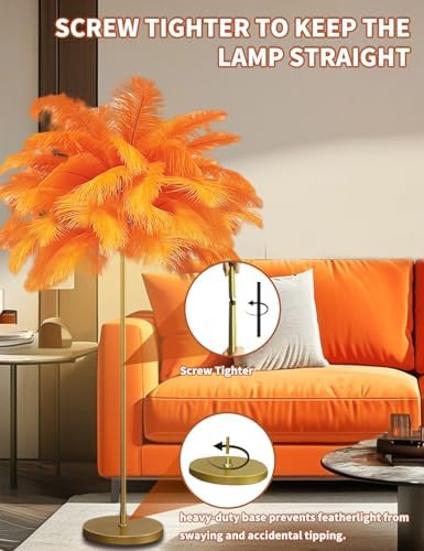 Feather Floor Lamp,Fluffy Ostrich Feather Floor Lamp for Bedroom,3 Color Temperatures Led Corner Modern Floor Lamps for Living Room Christmas Home Decor House Warming Gifts,63″ Height (Orange) - Image 6