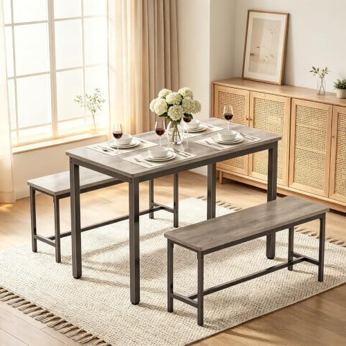 Dining Table Set for 4, 3 Piece Dining Room Table Set for Space-Saving, Modern Kitchen Table with 2 Benchs for Apartment Breakfast Nook and Samll Space, Grey - Image 3