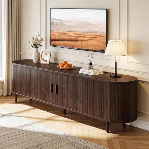 65" Mid Century Modern TV Stand with Power Outlet, Fluted Entertainment Center with Storage and Adjustable Shelves, Wood TV Console with Sliding Doors for Living Room, Walnut by Unknown