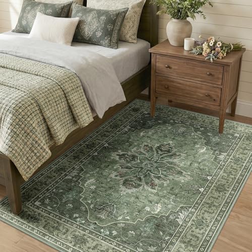 RELEANY Washable Area Rug, 4'x5', Green/Dark Green/Gray - Image 2