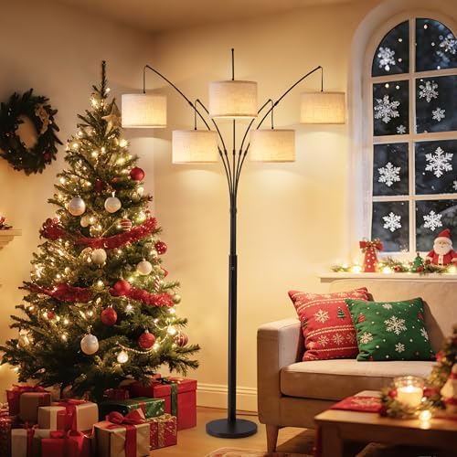 Bright Floor Lamp, Remote Control, Beige Shade Black Pole - Image 2